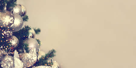 Silver Christmas balls on a fir branch.の写真素材