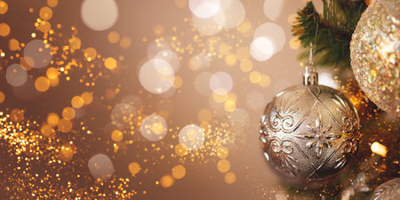 Silver Christmas balls on a fir branch.の写真素材