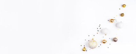 Festive white background with Christmas decorations.の写真素材