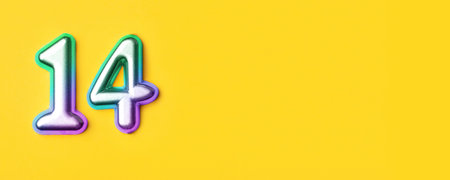 14 years celebration. Banner with birthday greetings. Multi colored metal number fourteen on a yellow background. Copy space, top view.の写真素材