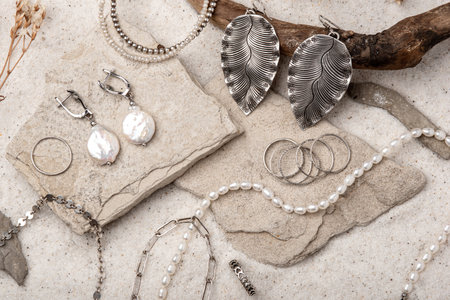 Beautiful Silver and Pearl Jewelry on white sand.の写真素材