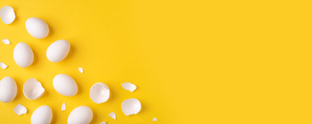 White Easter eggs and shells on a bright yellow background.の写真素材