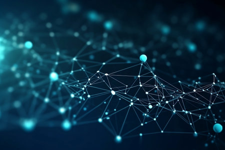 Digital network connection or blockchain technology concept. blue background. Abstract connecting...