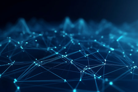 Digital network connection or blockchain technology concept. blue background. Abstract connecting dots and lines, Ai Generativeの写真素材