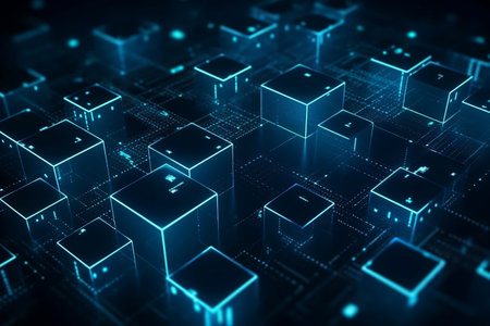 Digital network connection or blockchain technology concept. Blue background, Ai Generativeの写真素材