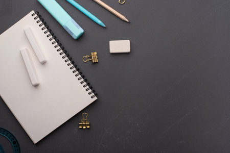 school supplies on black background. Back to school concept. top view. copyspace.の写真素材
