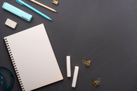 school supplies on black background. Back to school concept. top view. copyspace.の写真素材