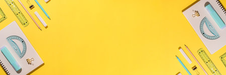 School supplies on yellow background.の写真素材