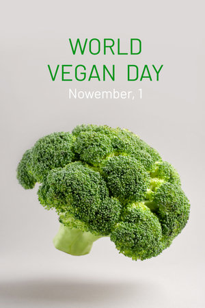 Flying fresh broccoli on a gray background. World Vegan Day concept. Front view.の写真素材