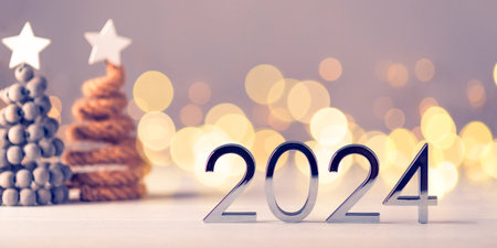 Metal numbers 2024 on a white table with Christmas trees and bokeh lights. Happy New Year 2024 is coming concept.の写真素材