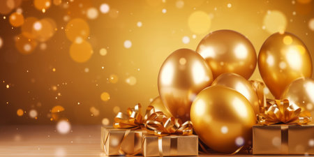 Festive background with golden balls and gift boxesの素材