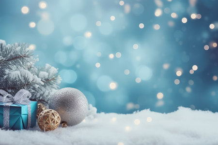 Christmas card with gift box and balls on a shiny blue background.の素材