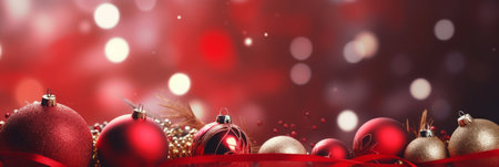 Festive Christmas or New Year red background with decorations and gift boxes.の素材