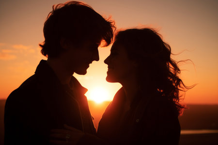 Portrait of a beautiful young smiling couple in the sunset light.の素材