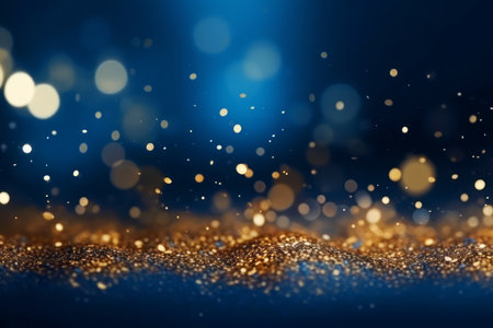Golden abstract bokeh on blue background. Celebrating Christmas, New Year or other holidays.の素材