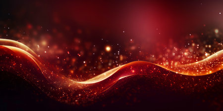 Golden abstract bokeh, waves and particles on red background. Celebrating Christmas, New Year or other holidays.の素材