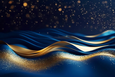 Golden abstract bokeh, waves and particles on blue background. Celebrating Christmas, New Year or other holidays.の素材