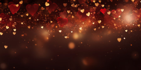 Golden bokeh in the shape of hearts on red background. Celebrating Valentine's day.の素材
