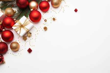 Festive Christmas or New Year white background with decorations and a fir tree. Top view.の素材