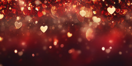 Golden bokeh in the shape of hearts on red background. Celebrating Valentine's day.の素材
