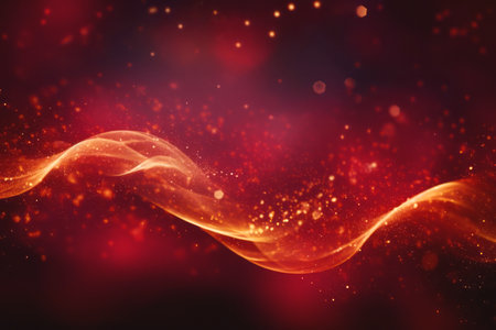 Golden abstract bokeh, waves and particles on red background. Celebrating Christmas, New Year or other holidays.の素材