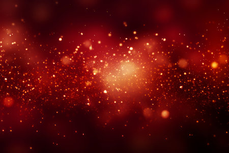 Golden abstract bokeh on red background. Celebrating Christmas, New Year or other holidays.の素材