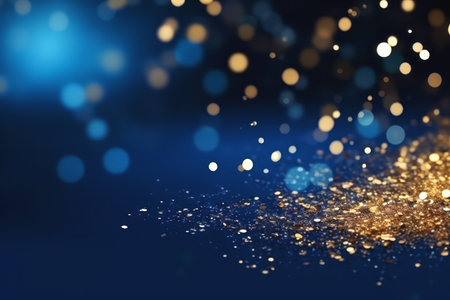 Golden abstract bokeh on blue background. Celebrating Christmas, New Year or other holidays.の素材