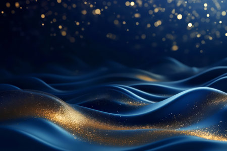 Golden abstract bokeh, waves and particles on blue background. Celebrating Christmas, New Year or other holidays.の素材