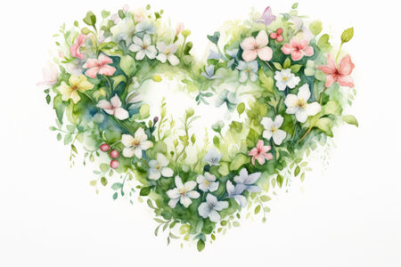 A heart of flowers painted in watercolor. Greeting card for Valentine's day or wedding. Symbol of love.の素材