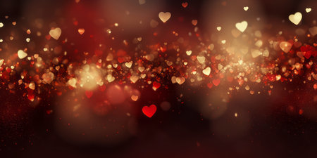 Golden bokeh in the shape of hearts on red background. Celebrating Valentine's day.の素材
