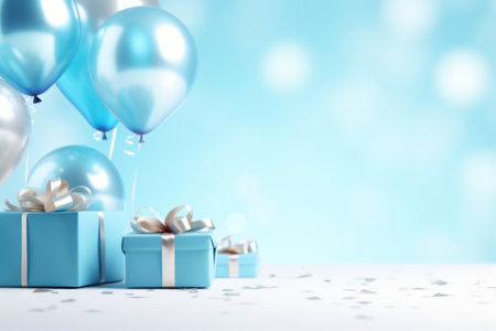Festive background with blue balls, gift boxes and confetti.の素材