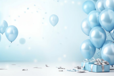 Festive background with blue balls, gift boxes and confetti.の素材