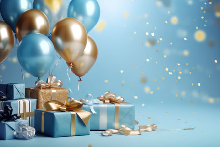 Festive background with blue and golden balls, gift boxes and confetti.の素材
