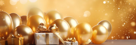 Festive background with golden balls, gift boxes and confetti.の素材