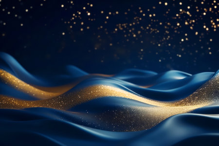 Golden abstract bokeh, waves and particles on blue background. Celebrating Christmas, New Year or other holidays.の素材