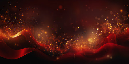 Golden abstract bokeh, waves and particles on red background. Celebrating Christmas, New Year or other holidays.の素材