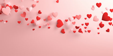 Red and pink flying hearts on pink background.の写真素材