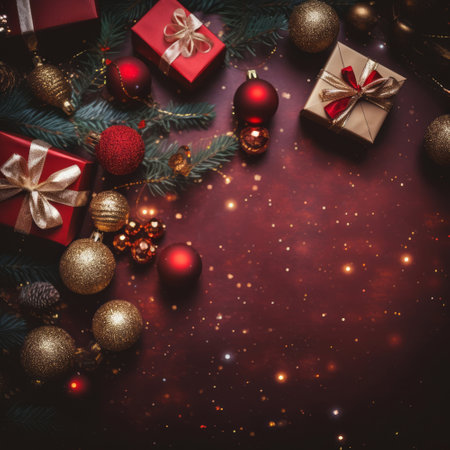 Festive Christmas or New Year red background with decorations and a fir tree. AI generated.の素材