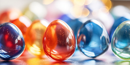 Colorful Easter eggs made of glass. Festive Easter banner.の素材