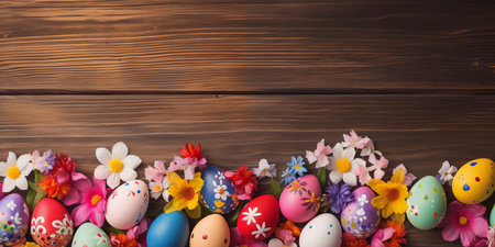 Colorful Easter eggs with beautiful spring flowers on a wooden background. A festive banner with a place for text. Flatlay.の素材