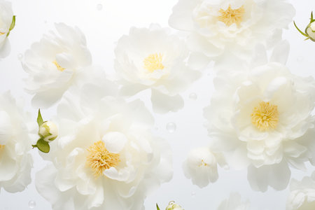 Beautiful delicate peony flowers on white background. Top view.の素材