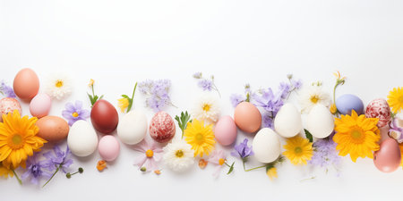 Colorful Easter eggs with beautiful spring flowers on a white background. A festive banner with a place for text. Flatlay.の素材
