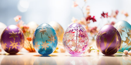 Colorful Easter eggs made of glass. Festive Easter banner.の素材