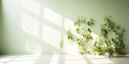 Light green minimalistic background with indoor plants. Bright sunlight and shadows from the foliage.の素材