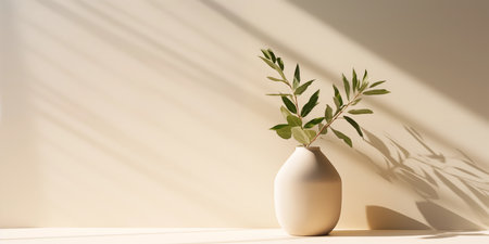 Light summer beige background with a vase and a green plant on the table. Bright sunlight and shadows from the foliage.の素材