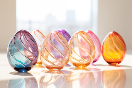 Colorful Easter eggs made of glass. Festive Easter banner.の素材