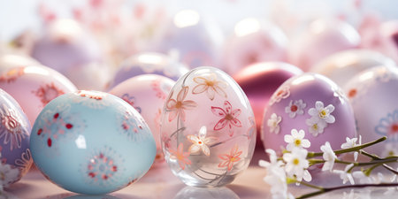 Colorful Easter eggs made of glass. Festive Easter banner.の素材