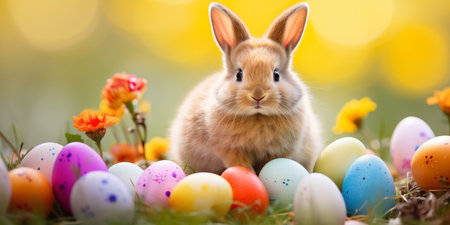 A cute Easter bunny with colorful Easter eggs on a blooming lawn.の素材