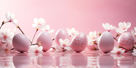 Festive banner with pink Easter eggs and spring flowers.の素材