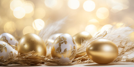 Festive banner with golden Easter eggs.の素材